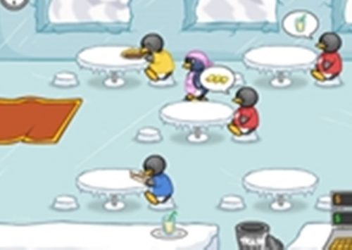 Loginis žaidimas - Pingvino pietūs. Pingvinas turi aptarnauti savo kavinės lankytojus.