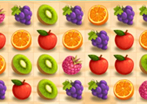 Vaisių žaidime sujunk 3 ir daugiau vaisių į liniją. Loginis žaidimas panašus į "Candy Crush".